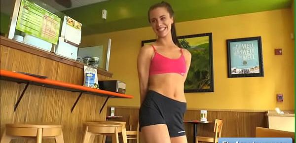 Sexy teen brunette amateur Anyah goes for a jog and flash her natural boobs in public places